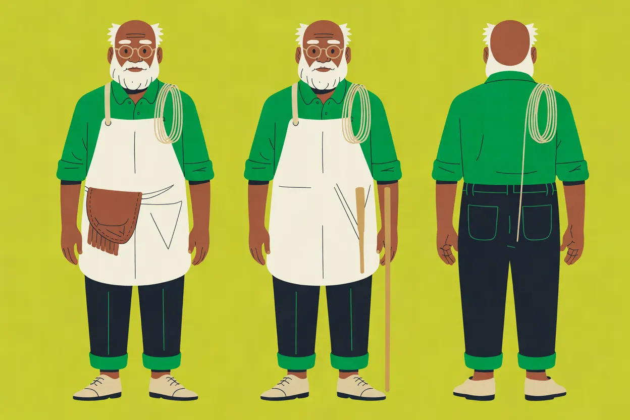 The Sailmaker character sheet on a plain chartreuse background: three full-body views of him with a short white beard, a fringe of white hair around a bald crown and round glasses, in a green shirt with rolled sleeves, a cream apron, dark trousers rolled to green cuffs and cream lace-up shoes, a coil of cream twine over one shoulder. A front view with a brown leather palm tucked into the apron at his waist, a second front view with a wooden fid at the apron and a long wooden rod at his side, and a back view; in both front views his face is calm, with mouth closed.