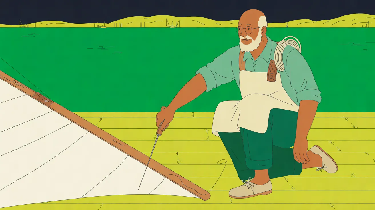 The Sailmaker, a man in his mid-seventies with deep brown skin, a short white beard, a fringe of white hair around a bald crown and round wire-rimmed glasses, kneels on one knee at the right of a pale chartreuse plank floor in a faded mint-green shirt with rolled sleeves, a cream apron with a brown leather sheath on the bib, dark green trousers and cream lace-up shoes, a coil of cream twine over his shoulder. He pushes a long needle into a large cream sail spread across the floor at the left beside a wooden spar; behind him lie a flat green lagoon, a strip of chartreuse hills with the small masts of distant boats, and a band of dark navy sky.