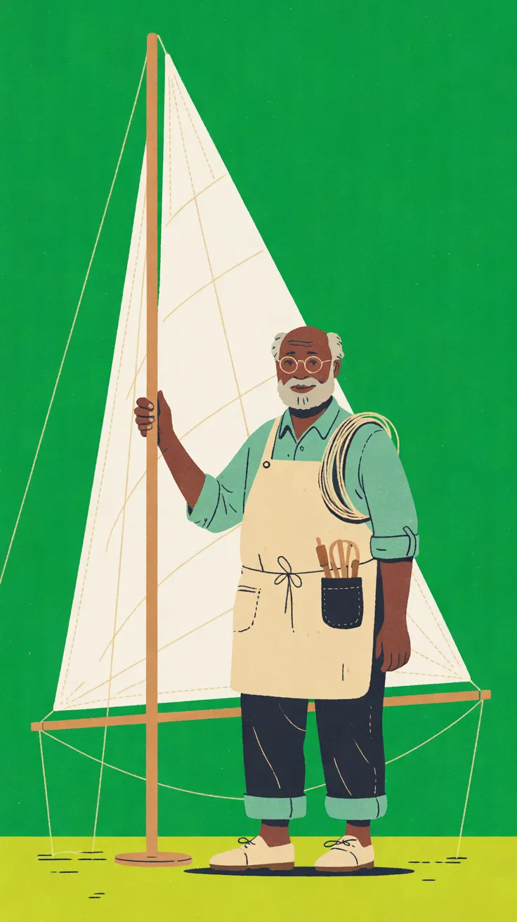 The Sailmaker stands on a chartreuse floor against a flat deep-green background, one hand on a tall wooden mast set in a round base, with a cream triangular sail and a wooden boom rising above and behind him. He has a short white beard, a fringe of white hair, round glasses and deep brown skin, and wears a faded mint-green shirt with rolled sleeves, a cream apron with a dark pocket of wooden tools, a coil of cream twine over one shoulder, dark trousers rolled to mint cuffs and cream lace-up shoes.